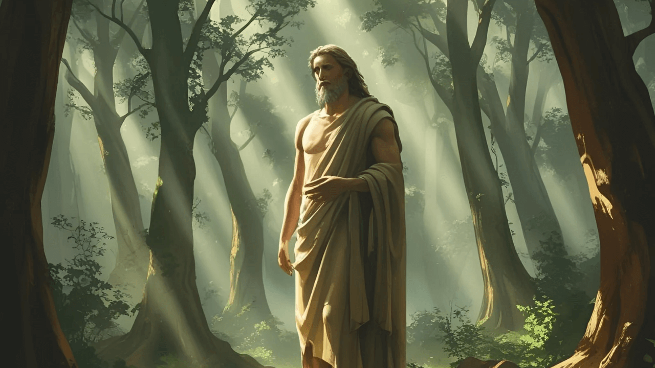 Um homem no meio de uma floresta. Simbolizando Enoque 