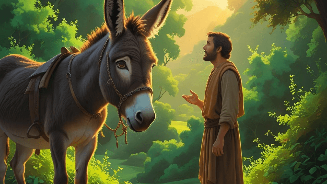 Uma imagem de um homem conversando com uma jumenta. Representando  Números 22:28-30, quando Deus abriu a boca de uma jumenta para falar com seu dono.