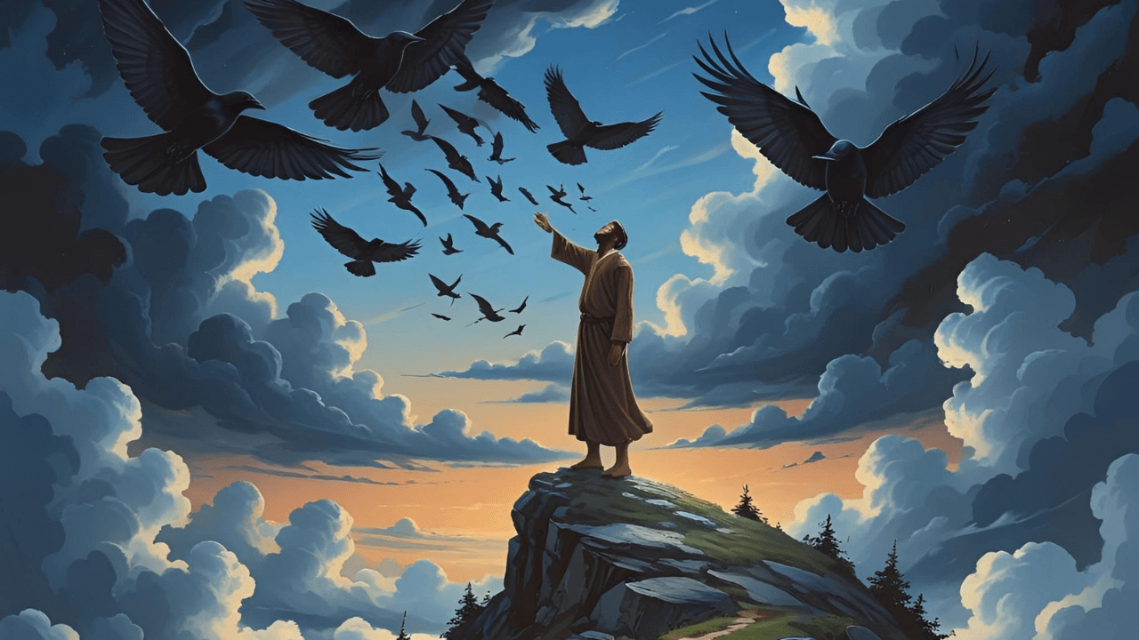 Uma imagem de um homem rodeado de corvos. Simbolizando a passagem que mostra Elias sendo alimentado por corvos 