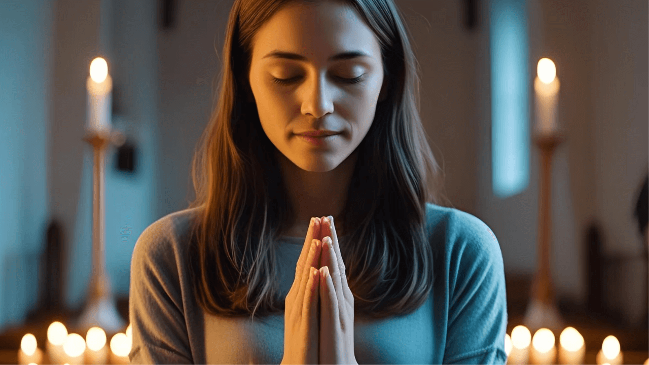 Imagem de uma mulher orando. Enfatizando o convite à meditação diária nas Escrituras