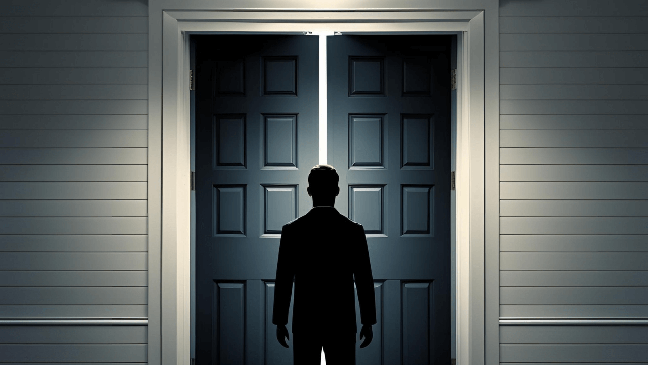 Imagem de uma pessoa em frente a uma porta fechada. Simbolizando o retorno de Jesus Cristo e a porta fechada 