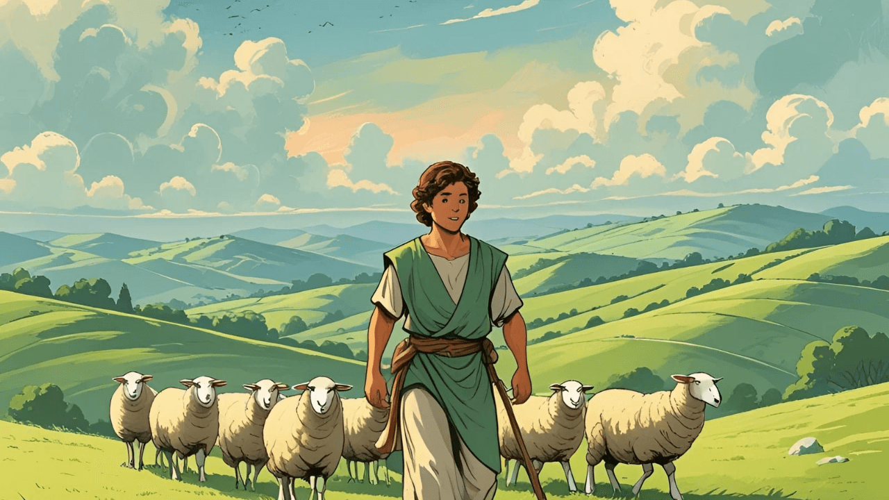 Imagem de uma pessoa pastoreando  ovelhas. Simbolizando quando Davi pastoreava as ovelhas de seu pai 