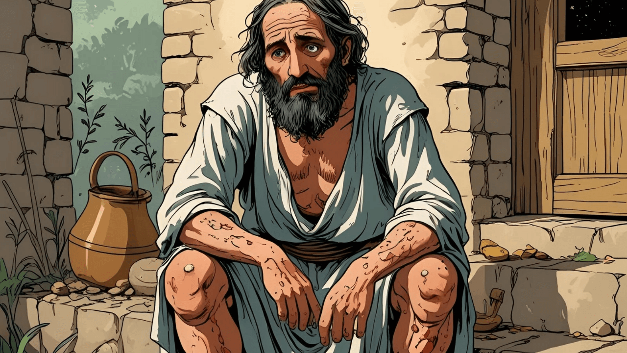 Imagem retratando Lázaro, que é o retrato da humilhação e da dor humana. Ele não tem posses, nem saúde, nem dignidade aos olhos dos homens. 