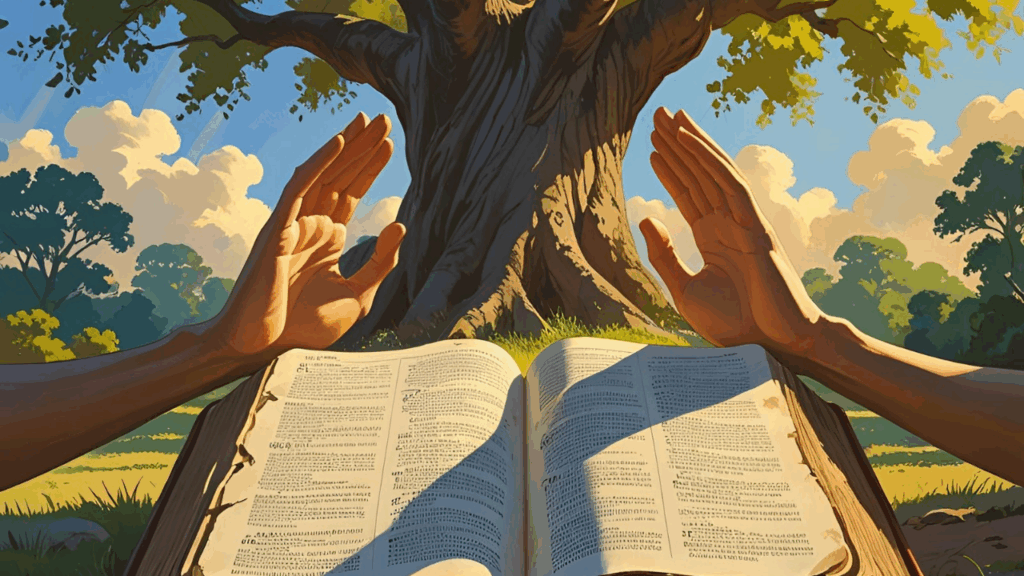 Imagem de uma pessoa segurando uma bíblia de baixo de uma árvore. Simbolizando um vida cristã com frutos 