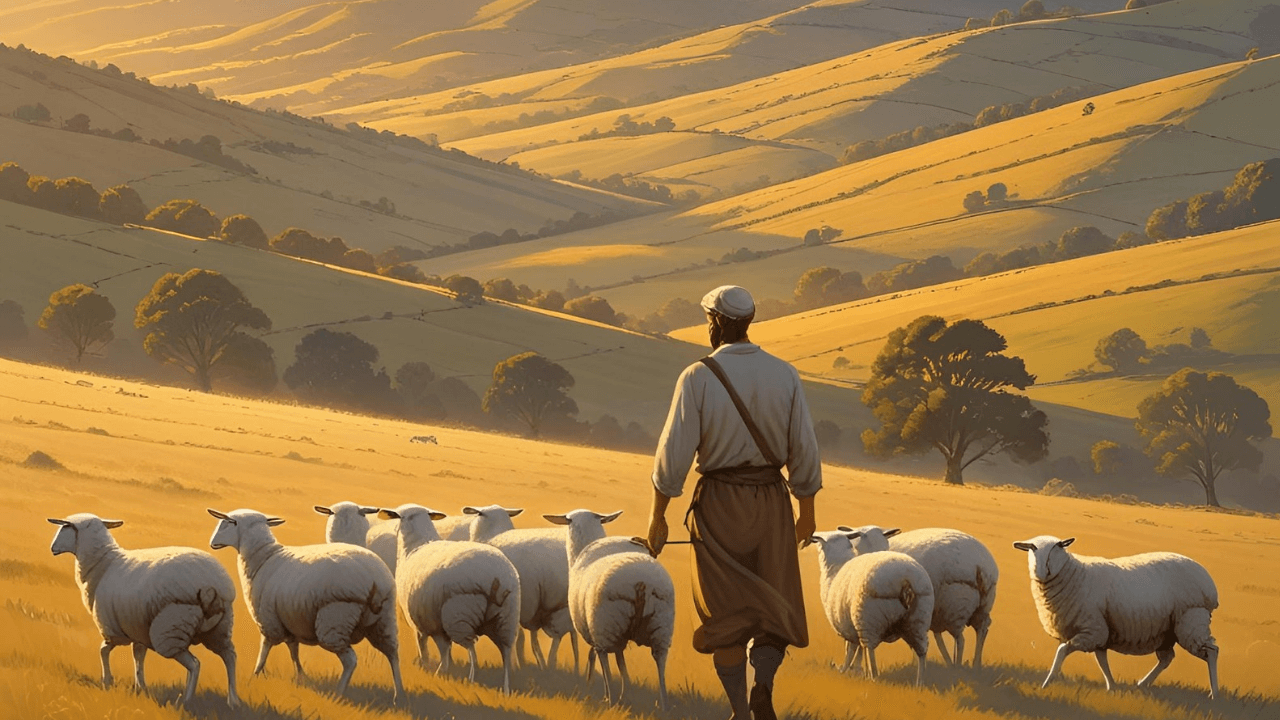 Imagem de uma pessoa cuidando de ovelhas.