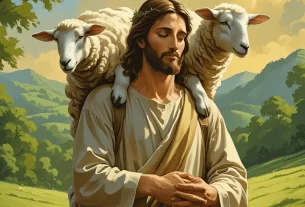 Imagem de um homem com ovelhas em seu ombro. Simbolizando a Parábola da Ovelha Perdida