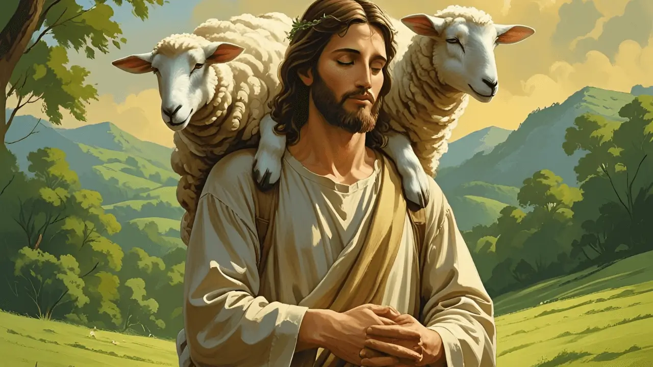 Imagem de um homem com ovelhas em seu ombro. Simbolizando a Parábola da Ovelha Perdida