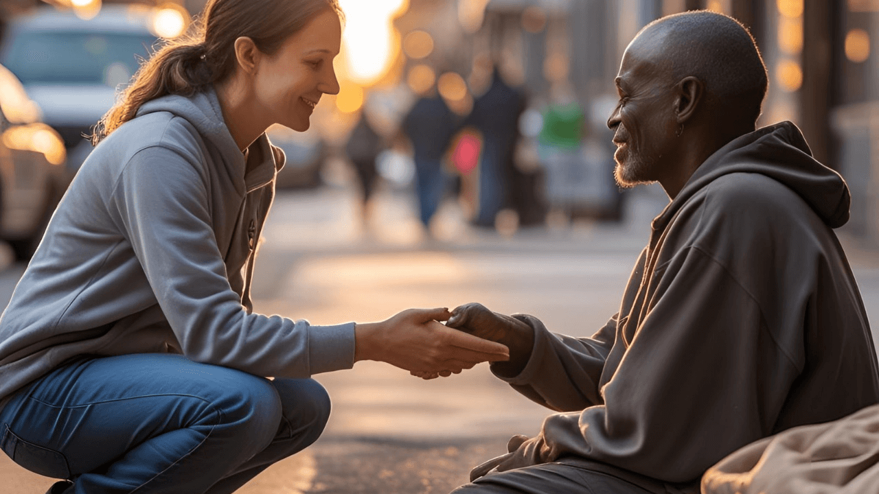 Imagem de uma pessoa ajudando outra na rua. Demonstração de amor com o próximo 