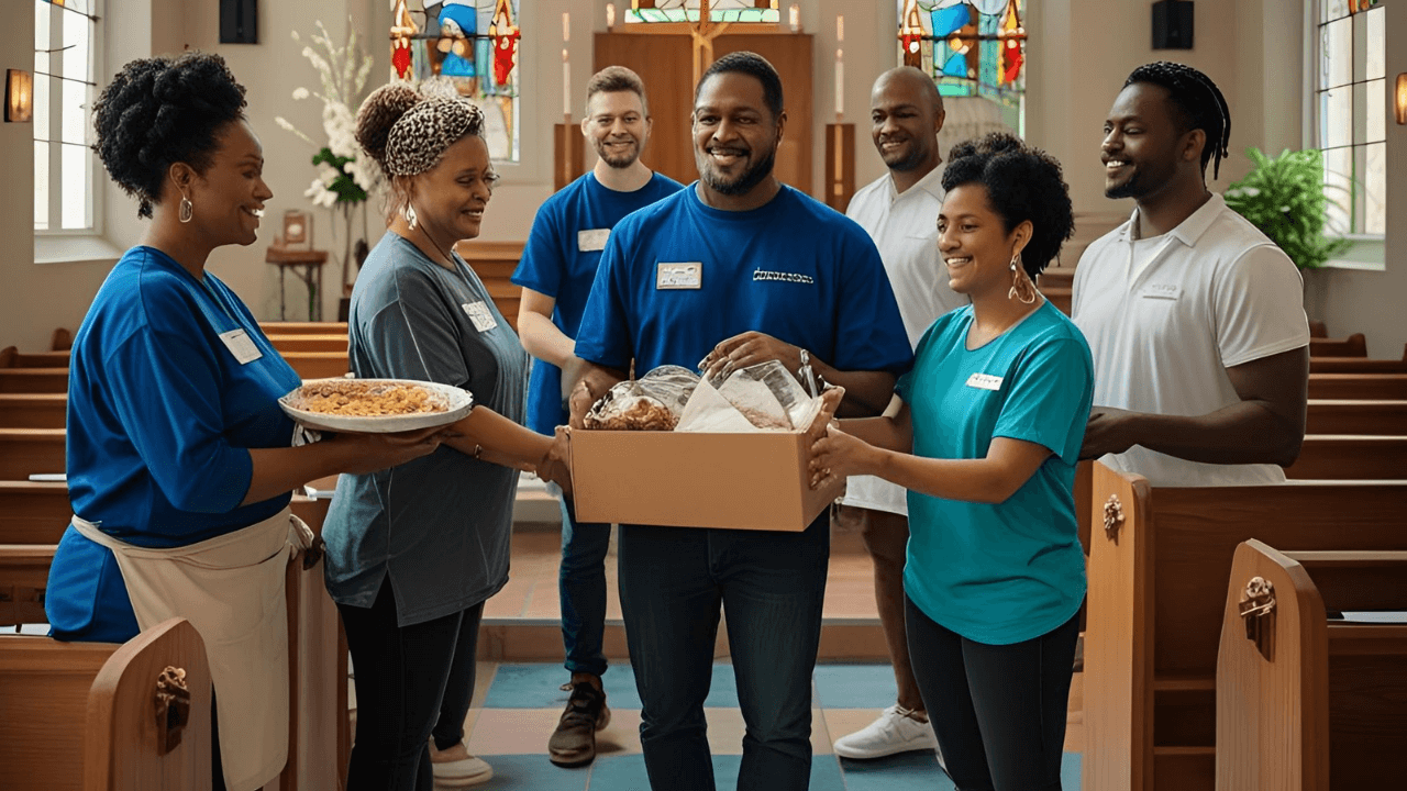 Imagem de pessoas arrecadando alimentos para distribuir com quem não tem. 