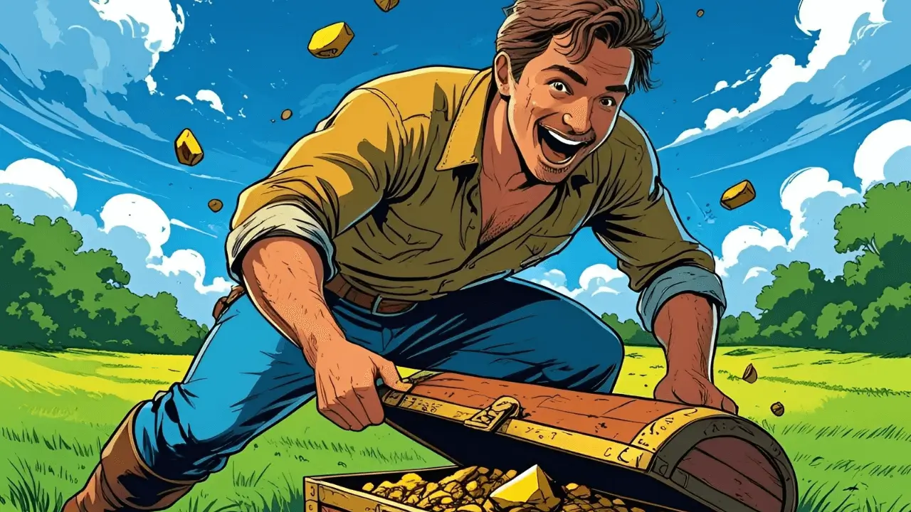 Imagem de um homem achando um tesouro. Simbolizando a Parábola do tesouro escondido