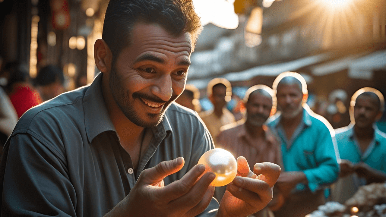 Imagem de um homem analisando uma pérola. Simbolizando o tesouro da parábola de Jesus 
