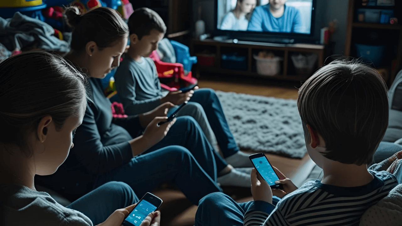 Imagem de uma família reunida com todos mexendo no celular. Simbolizando  a pressão cultural e a inversão de valores 