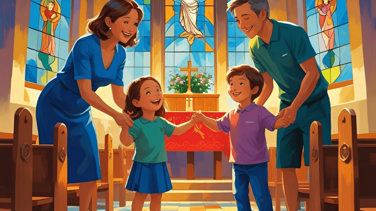 Uma família reunida na igreja. Simbolizando a participação da família na igreja.
