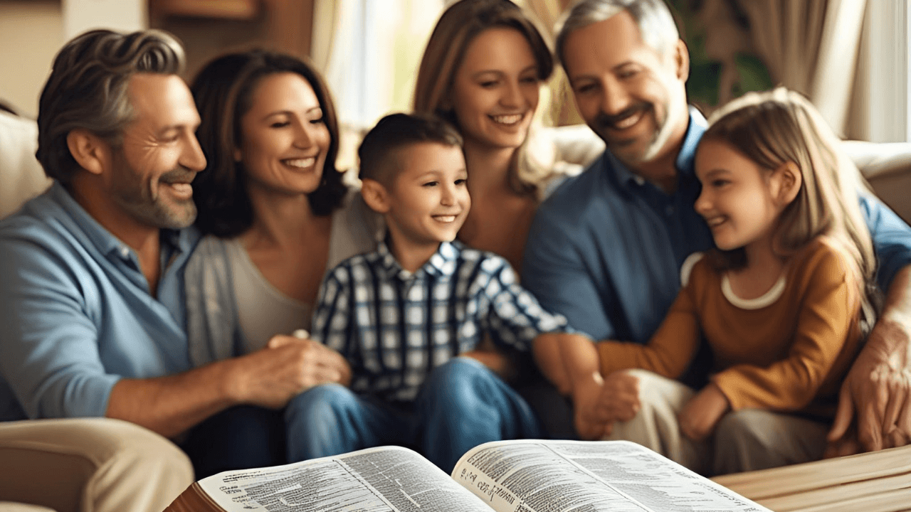 Uma família em volta de uma bíblia. Simbolizando a força da família cristã baseada na bíblia 