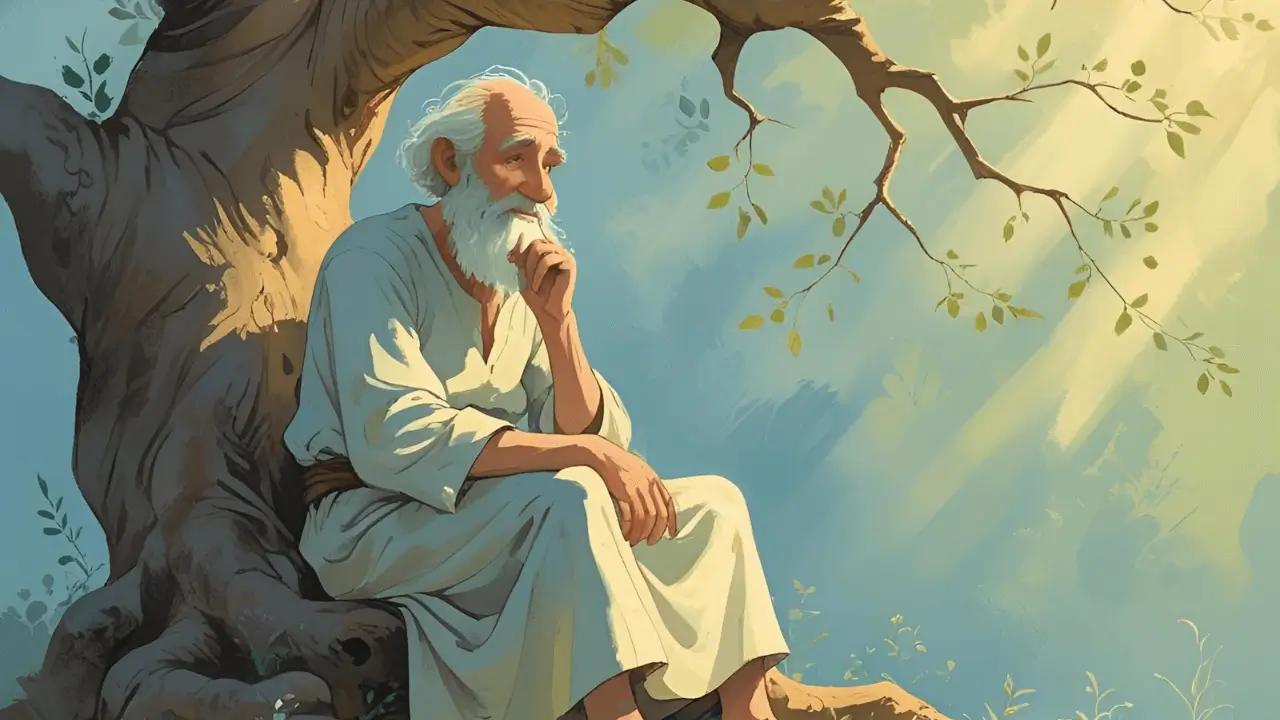 Imagem de um homem bem velho de baixo de uma árvore. Simbolizando Matusalém