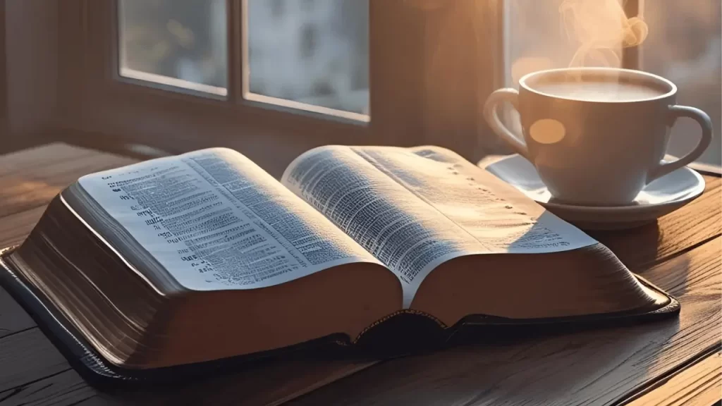 Bíblia aberta em frente a uma xícara de chá