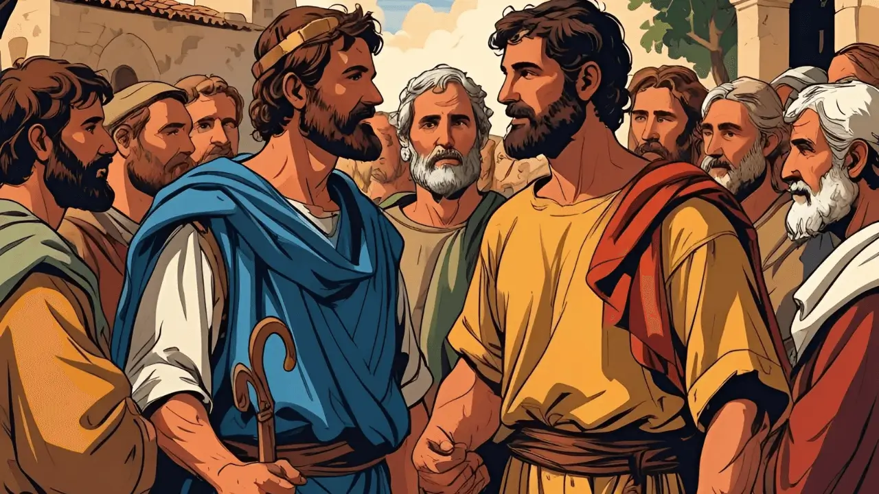 Barnabé e Paulo juntos. Barnabé, o filho do encorajamento, apoiando Paulo na igreja primitiva.