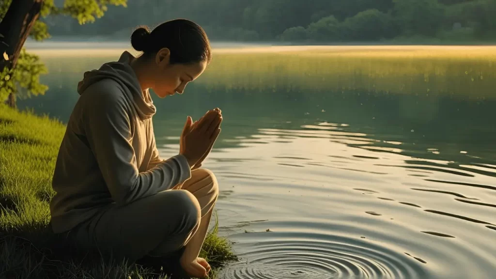 Pessoa orando em um lugar calmo. Cristão em oração buscando paz interior pela fé em Deus.