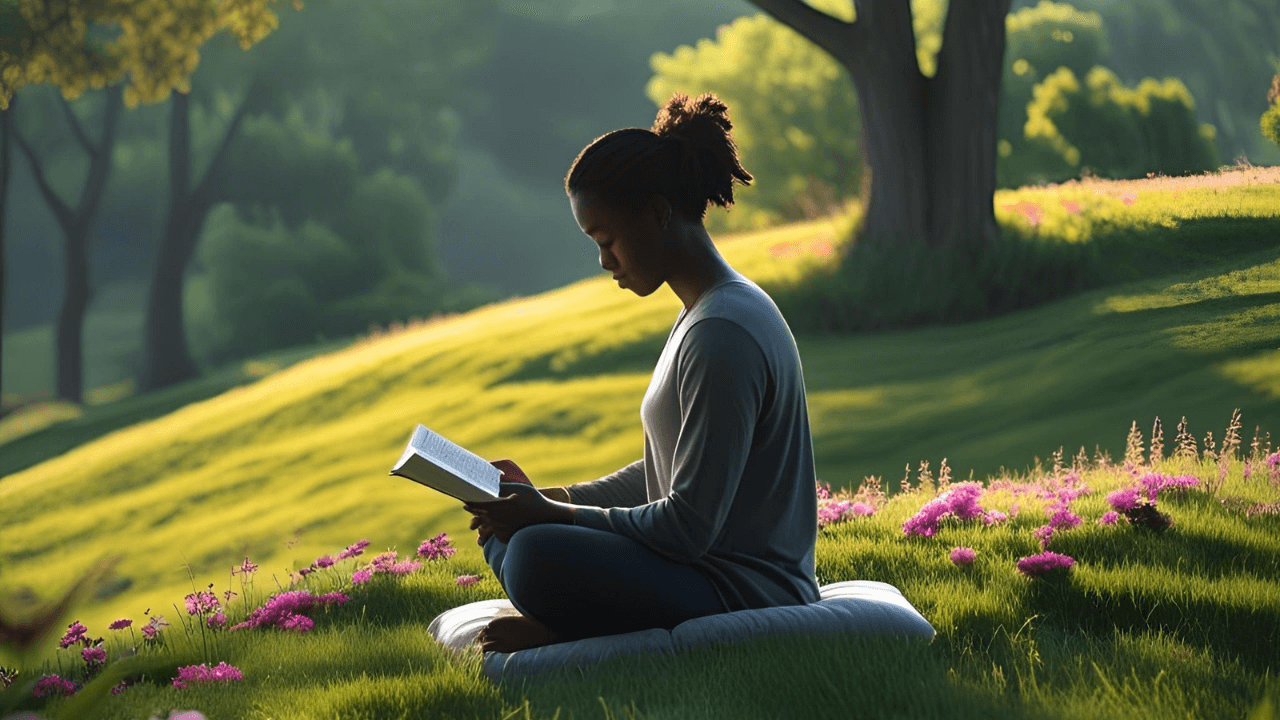Pessoa lendo e meditando na Palavra de Deus em um ambiente tranquilo.
