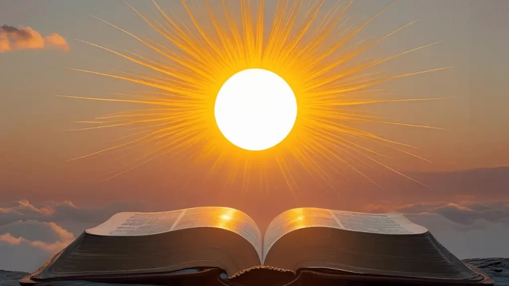 Sol nascente com uma Bíblia ao fundo. Nascer do sol representando um novo começo com Jesus em cada manhã.