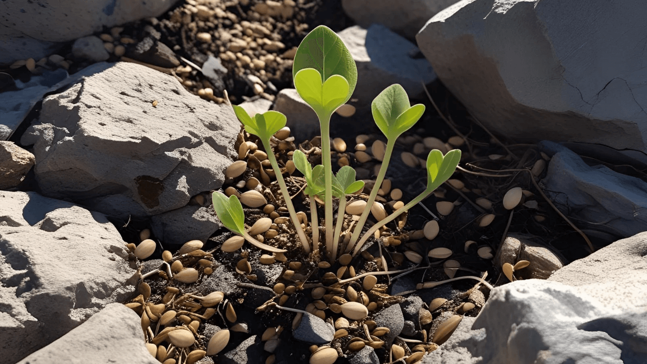 Sementes brotando entre pedras. Simbolizando a semente sem raíz profunda.