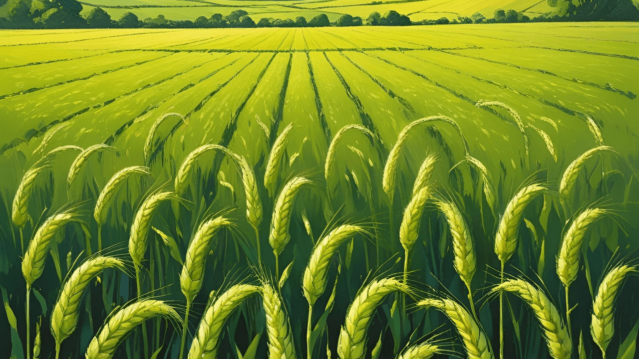 Campo verde exuberante com trigo. Representando corações que frutificam após ouvir a Palavra.