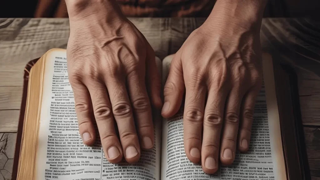 Mãos em oração sobre a Palavra de Deus demonstrando entrega e devoção.