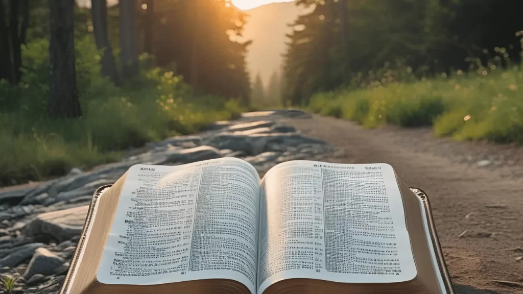 Bíblia aberta em trilha matinal, simbolizando caminhada na vontade de Deus