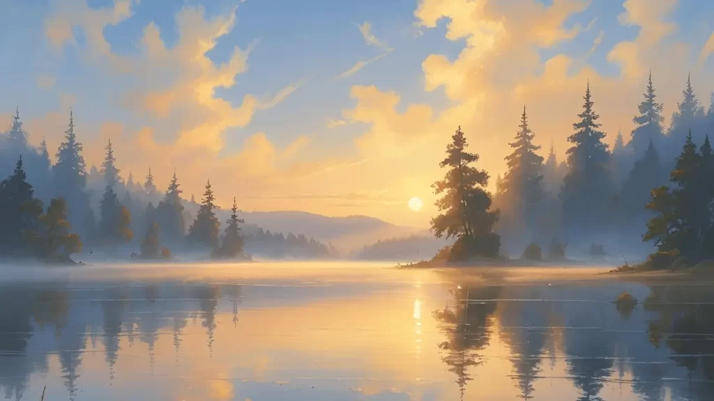 Lago calmo ao amanhecer simbolizando meditação e comunhão com Deus pelos Salmos