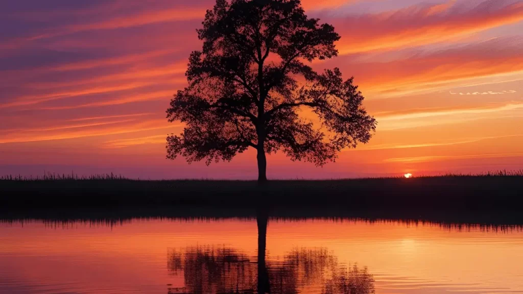 Pôr do sol com árvore refletida, simbolizando esperança e consolo nos Salmos