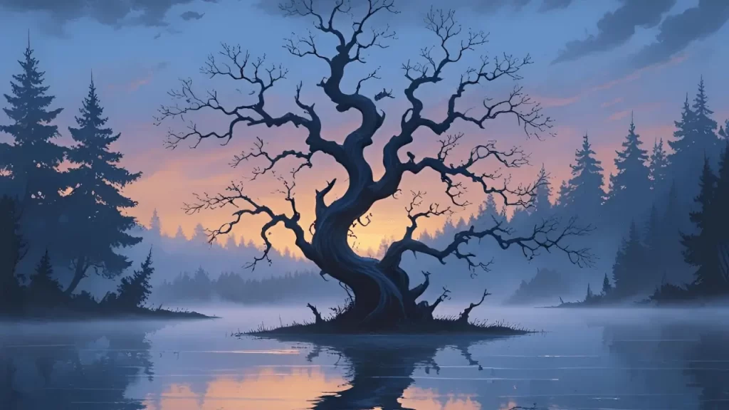 Silhueta de árvore e água, convidando à meditação diária