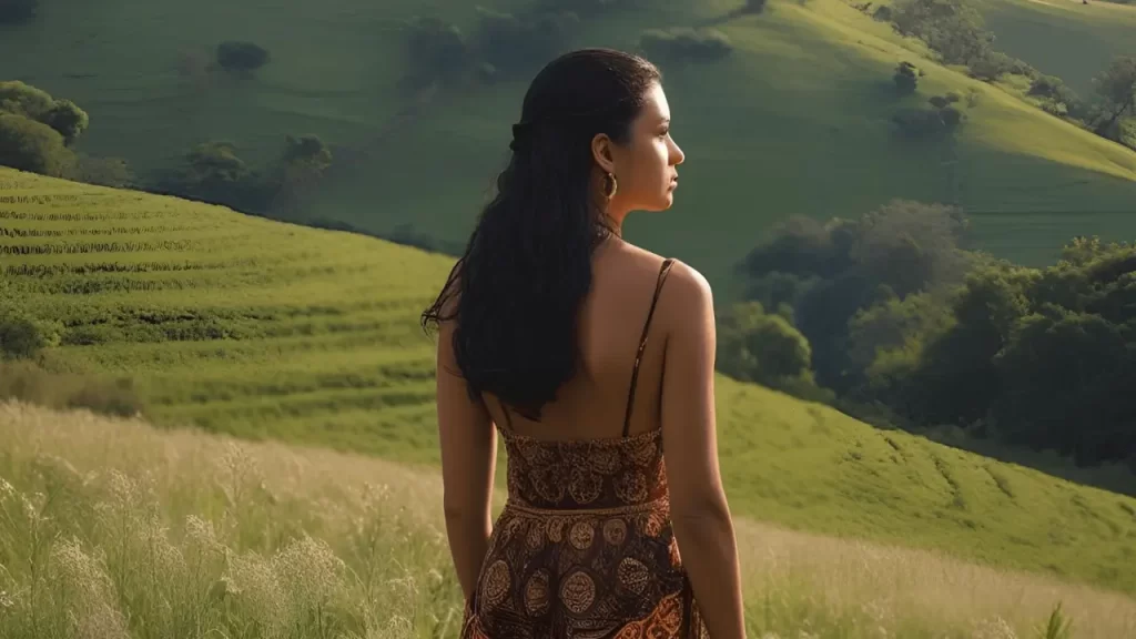 Mulher contemplando campo ao entardecer, simbolizando confiança em Deus, descanso e graça