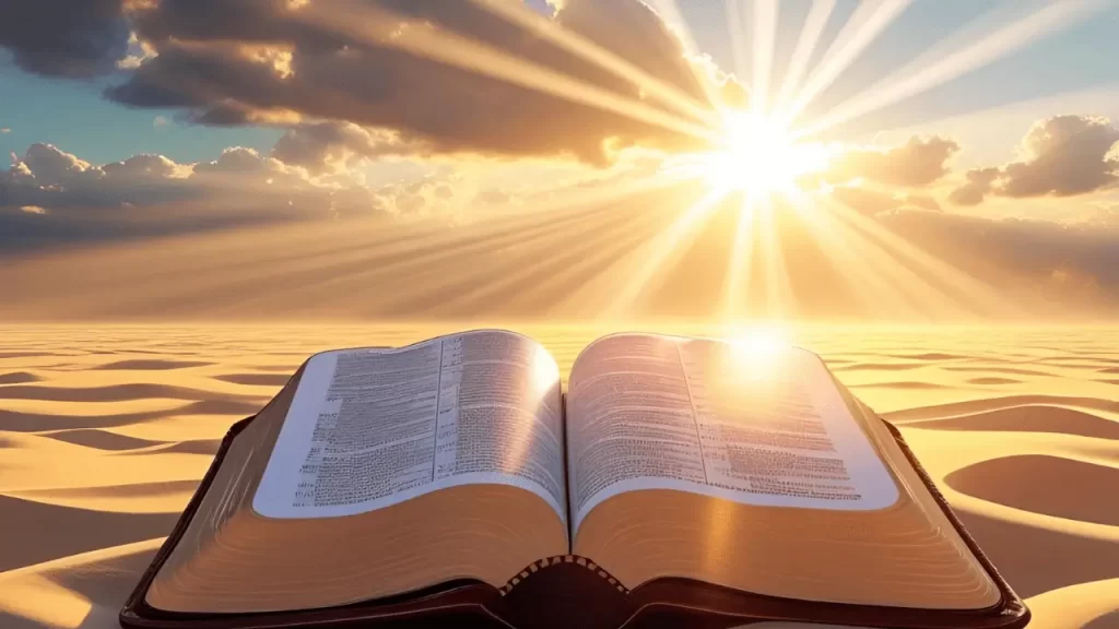Bíblia sobre a areia durante o pôr do sol, representando paz e esperança nas promessas divinas.