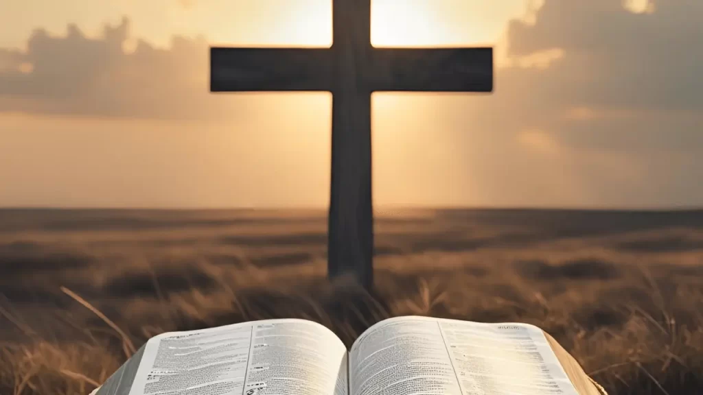 Bíblia aberta com cruz ao fundo, simbolizando proteção e perseverança na caminhada de fé