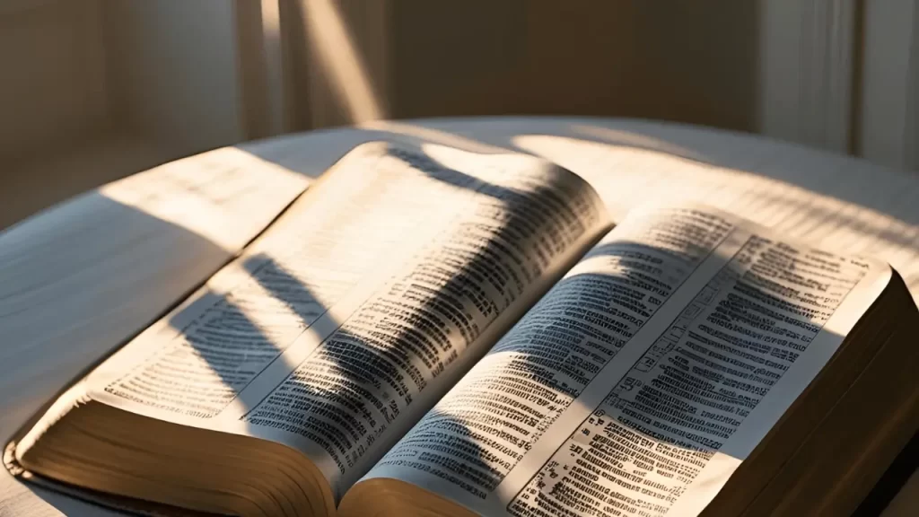 Bíblia iluminada por luz suave enfatizando o convite à meditação diária nas Escrituras