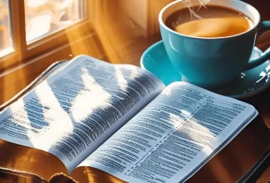 Bíblia aberta, com café suave ao lado. Pronto para iniciar um devocional