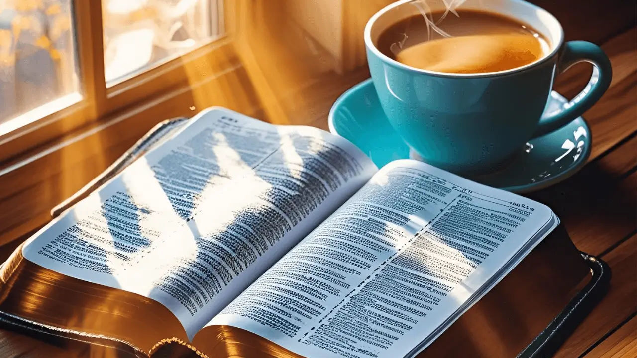 Bíblia aberta, com café suave ao lado. Pronto para iniciar um devocional