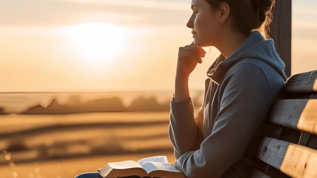 Pessoa contemplando o nascer do sol, com a Bíblia no colo. Buscando uma rotina de devocional