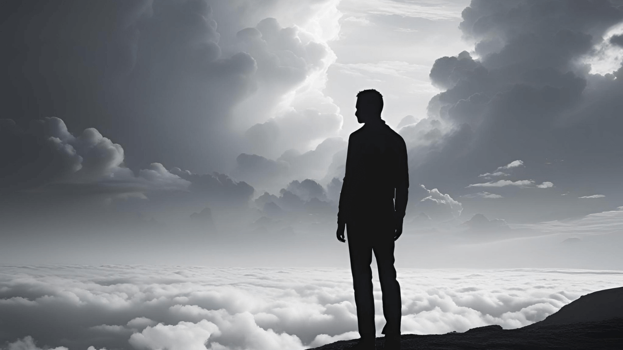 Silhueta contemplativa olhando uma paisagem diluviana, com nuvens pesadas ao fundo. Ilustrando a dimensão reflexiva sobre fé, tempo e propósito.