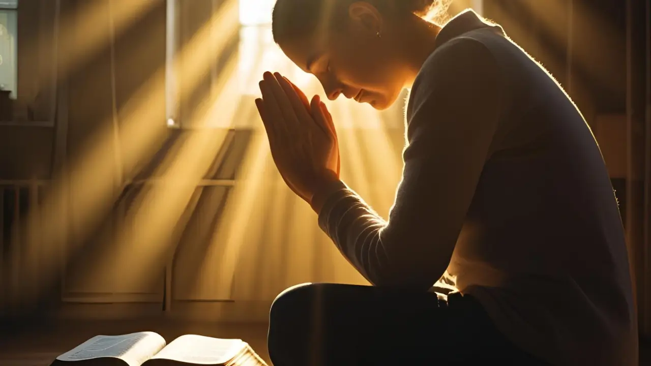 Pessoa em oração com as mãos sobre uma Bíblia aberta, representando fé e confiança em Deus."