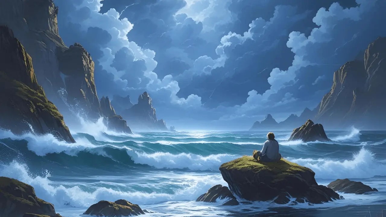 Uma pessoa sozinha no meio da tempestade simbolizando confiança em Deus durante as lutas da vida. Devocional