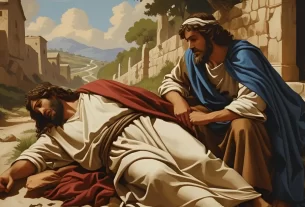 O Bom Samaritano ajudando o homem ferido à beira do caminho, simbolizando compaixão e amor sem limites. A Parábola do Bom Samaritano