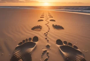 Pegadas solitárias na areia, simbolizando que Deus nos carrega nos momentos mais difíceis da caminhada.Planejados por Deus