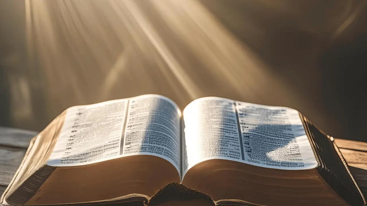 Bíblia aberta sobre um amanhecer, representando o início de um devocional cristão.