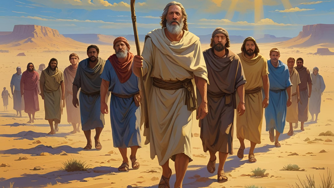 Uma imagem simbólica de Moisés com o povo no deserto 
