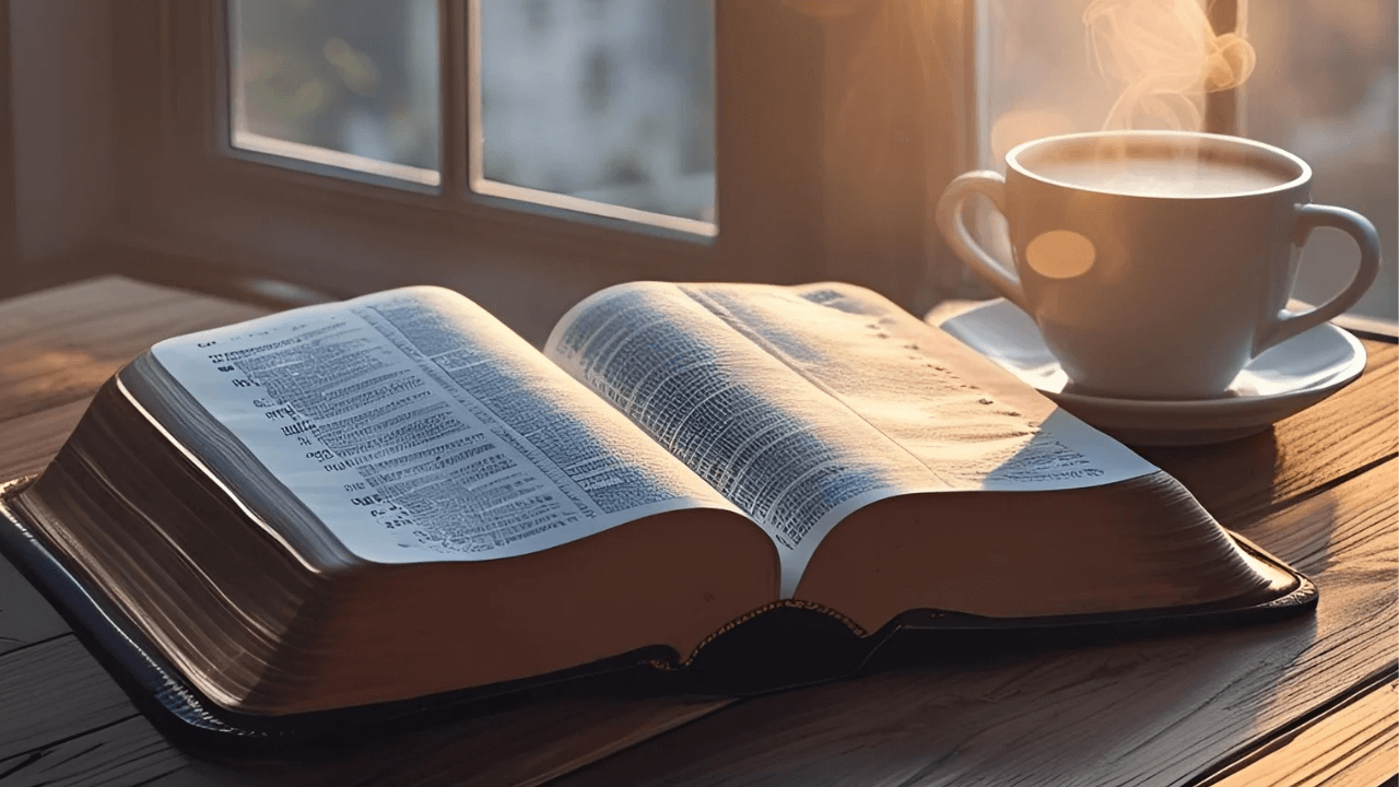 Bíblia aberta com uma xícara de café ao lado. Pronto para iniciar um estudo sobre a vida cristã 