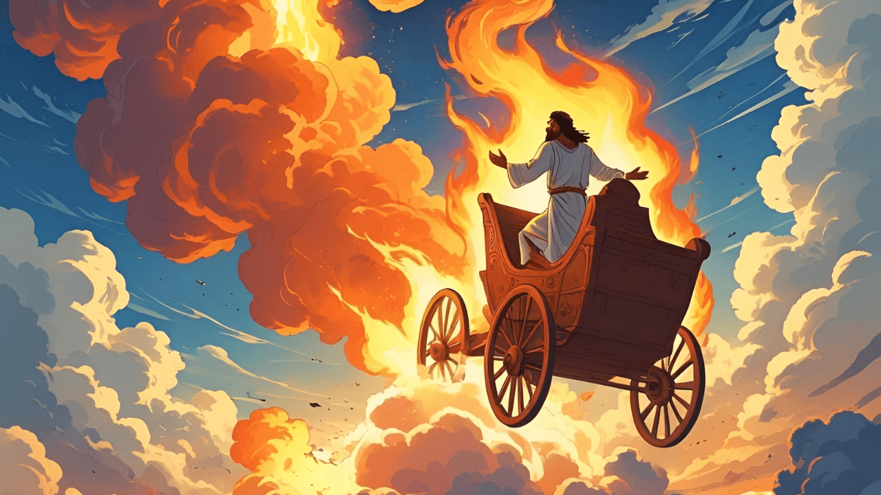 Imagem de Elias subindo ao céu em uma carruagem de fogo  simbolizando a passagem 