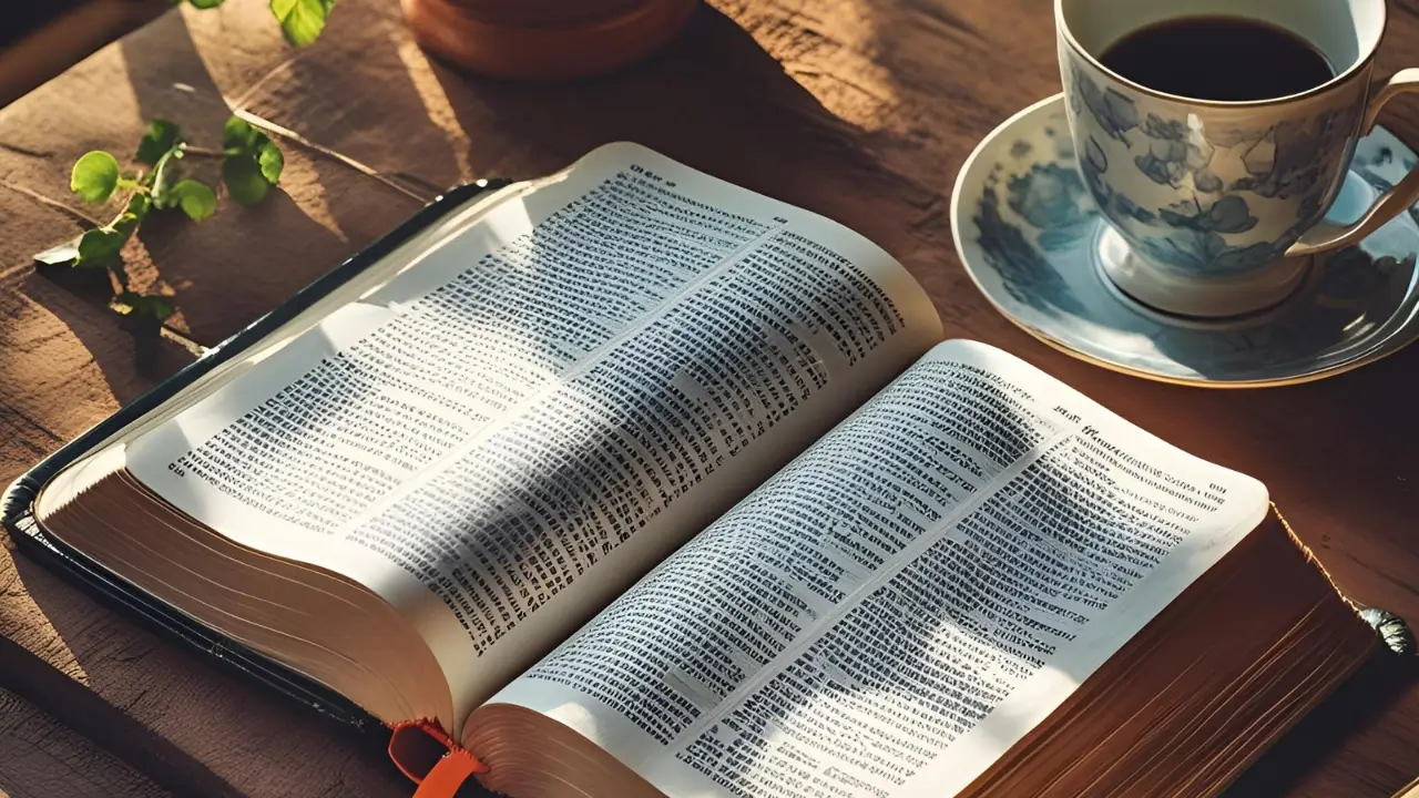 Bíblia aberta sobre uma mesa ao amanhecer, representando o início de um devocional cristão.