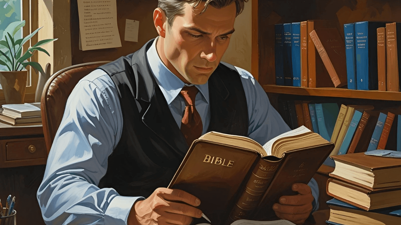Imagem de um homem lendo a bíblia no trabalho