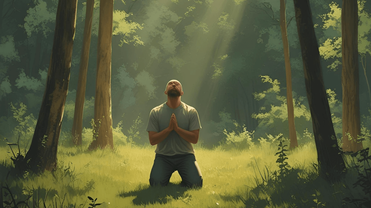 Imagem de um homem orando. Simbolizando conexão com Deus 